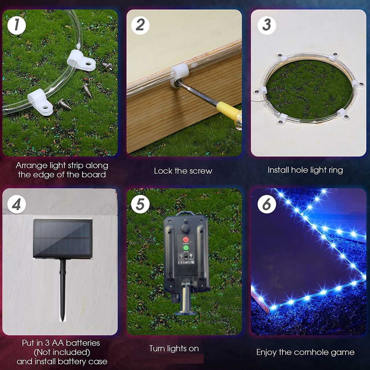QIULIGHT 1set Solar LED Cornhole Lights, Without Batteries, Waterproof 17 Multi–Color Remote Control Cornhole Lights