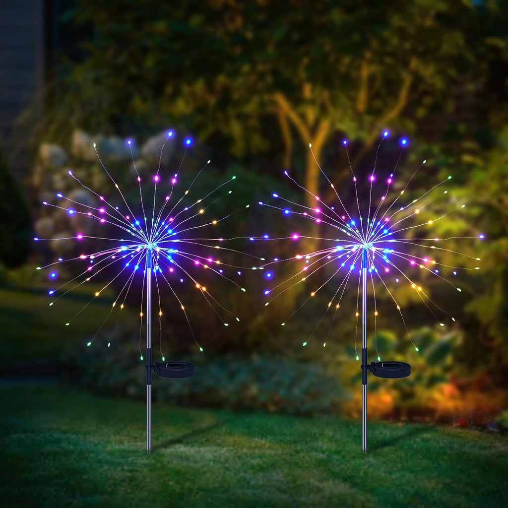 QIULIGHT 2 Pack Solar LED Starburst Lights for Garden Firework Lights Outdoor, 120 LEDs Waterproof Decorative Starburst Fairy Landscape Lamp