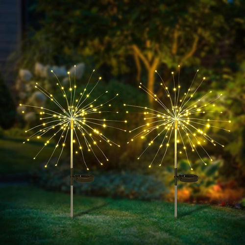 QIULIGHT 2 Pack Solar LED Starburst Lights for Garden Firework Lights Outdoor, 120 LEDs Waterproof Decorative Starburst Fairy Landscape Lamp