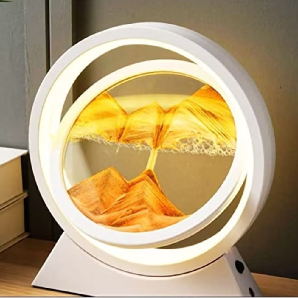 QIULIGHT Moving Sand Art Lamp – 360° Rotating Deep Sea Sandscape with 3-Color LED Light, Glass Flowing Sand Picture, Relaxing Desk Decor & Unique Gift