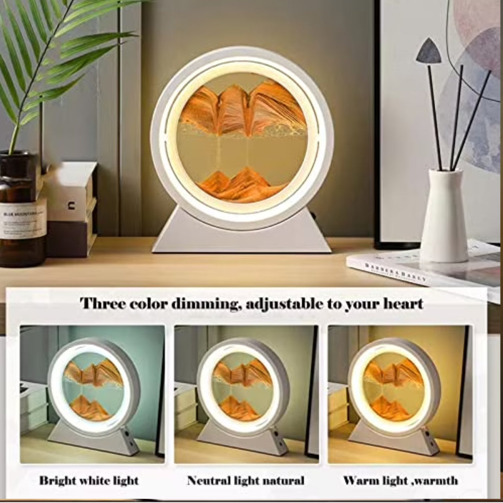 QIULIGHT Moving Sand Art Lamp – 360° Rotating Deep Sea Sandscape with 3-Color LED Light, Glass Flowing Sand Picture, Relaxing Desk Decor & Unique Gift