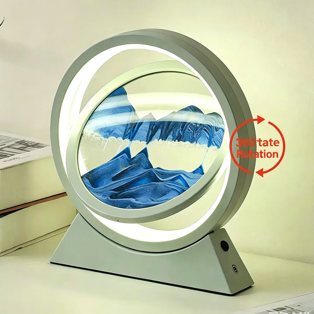 QIULIGHT Moving Sand Art Lamp – 360° Rotating Deep Sea Sandscape with 3-Color LED Light, Glass Flowing Sand Picture, Relaxing Desk Decor & Unique Gift