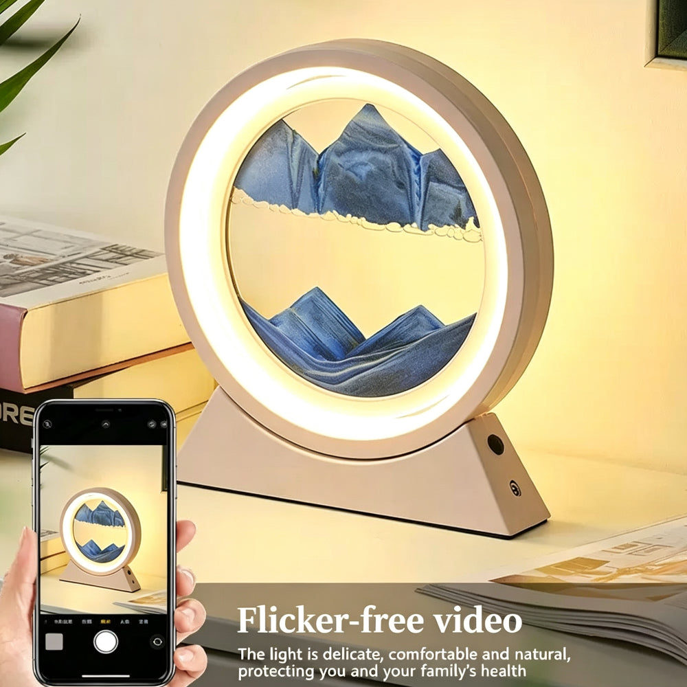 QIULIGHT Moving Sand Art Lamp – 360° Rotating Deep Sea Sandscape with 3-Color LED Light, Glass Flowing Sand Picture, Relaxing Desk Decor & Unique Gift