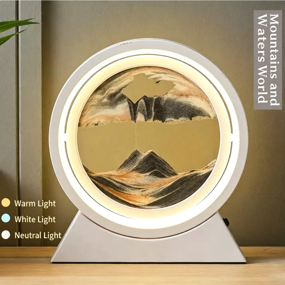 QIULIGHT Moving Sand Art Lamp – 360° Rotating Deep Sea Sandscape with 3-Color LED Light, Glass Flowing Sand Picture, Relaxing Desk Decor & Unique Gift