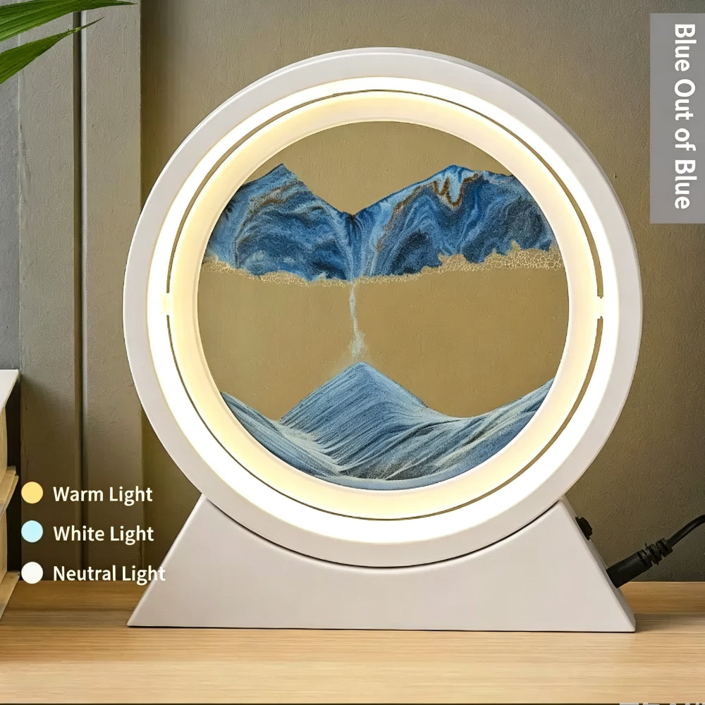 QIULIGHT Moving Sand Art Lamp – 360° Rotating Deep Sea Sandscape with 3-Color LED Light, Glass Flowing Sand Picture, Relaxing Desk Decor & Unique Gift