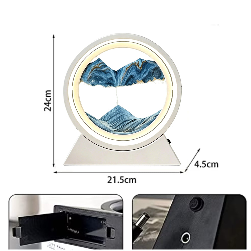 QIULIGHT Moving Sand Art Lamp – 360° Rotating Deep Sea Sandscape with 3-Color LED Light, Glass Flowing Sand Picture, Relaxing Desk Decor & Unique Gift